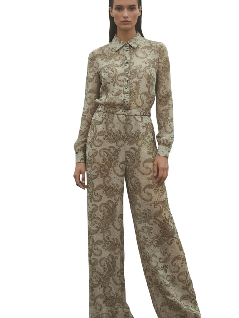 Alessia Zapatista Silk Paisley Button-Front Jumpsuit in Beige